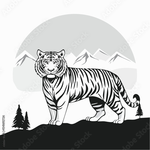 Bengal Tiger Standing Proud Against a Backdrop of Mountains Image Vector.