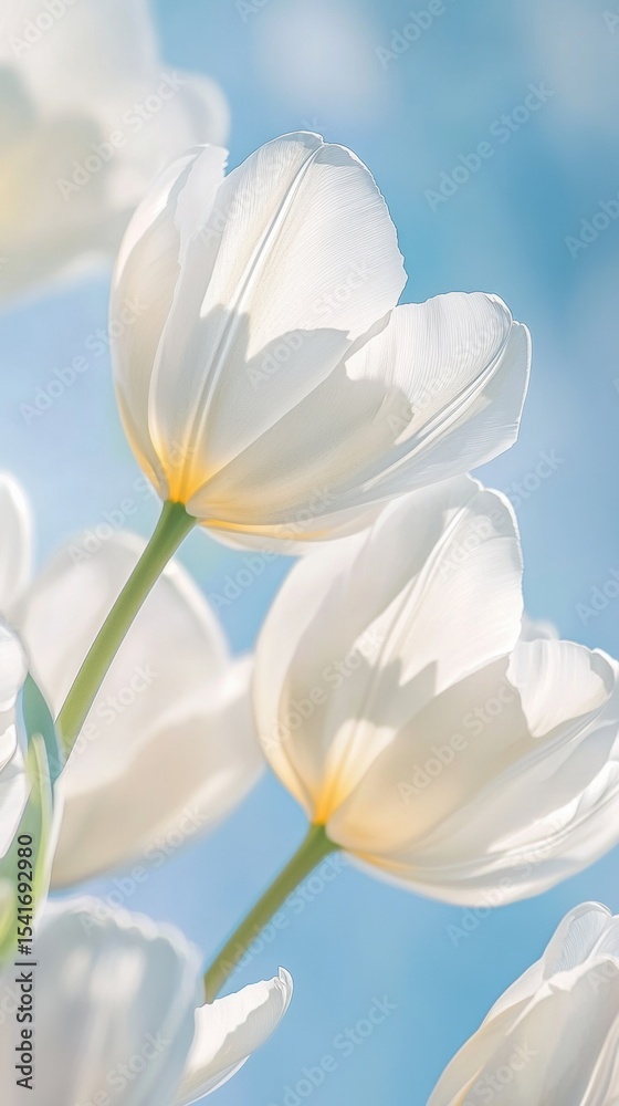 Fototapeta premium White Tulips in Bloom Against a Blue Sky