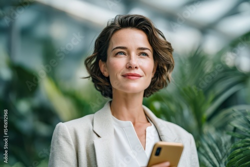 Confident mid-age woman in modern business suit walking through office with smartphone