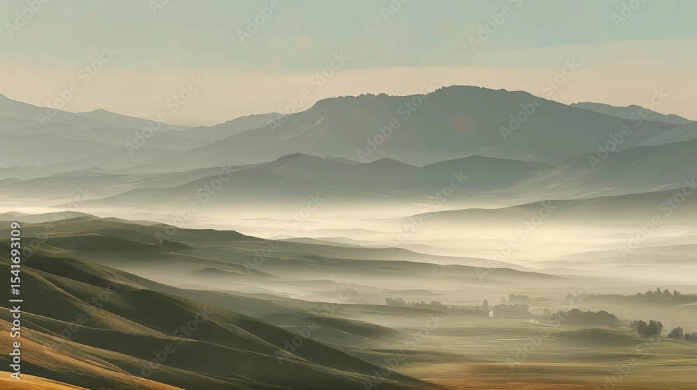 Obraz premium Rolling hills and misty valleys under a soft sky - serene landscape view