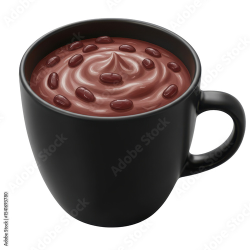 Swirled chocolate dessert in black mug with red beans