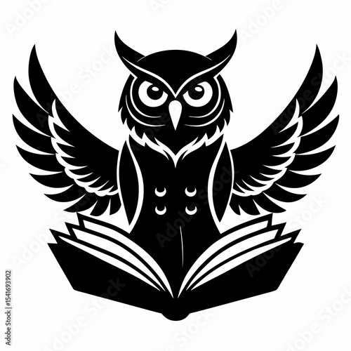 Owl with wings spread over a book vector black silhouette on white background