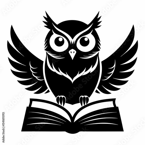 Owl with wings spread over a book vector black silhouette on white background