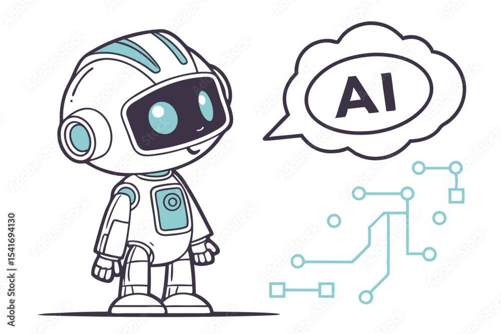 Naklejka premium Charming AI Robot Illustration Showcasing Technological Advancement with a Thought Bubble and Circuitry Depiction Artificial Intelligence Concept