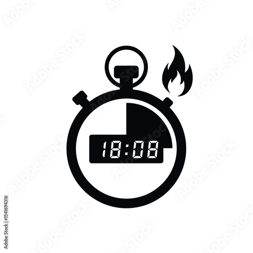 Black Silhouette Stopwatch Timer Icon with Flame Vector Graphic
