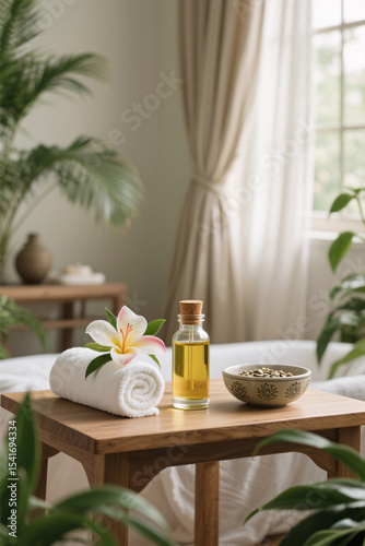 Serene vertical spa scene with ayurvedic essential oil bottle and cork, white rolled towel, blooming tropical flower, ceramic bowl with seeds on wooden table, surrounded by green plants.