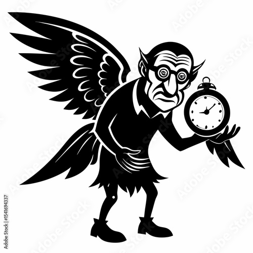 Old man holding a clock with wings vector black silhouette on white background