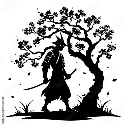 A samurai walking under cherry blossoms vector black silhouette on white background
