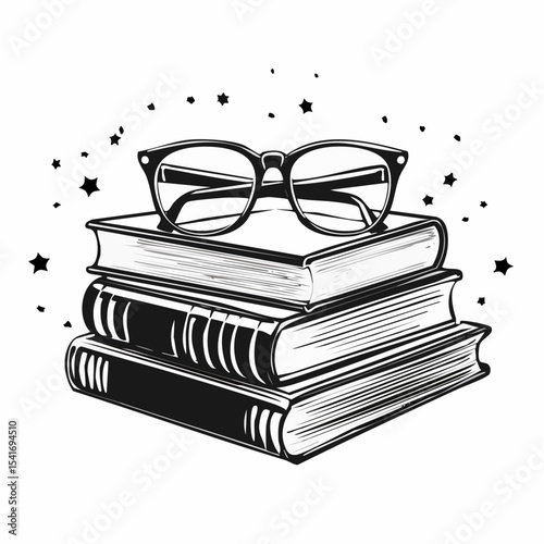Eyeglasses at books stack. Education and reading concept image vector
