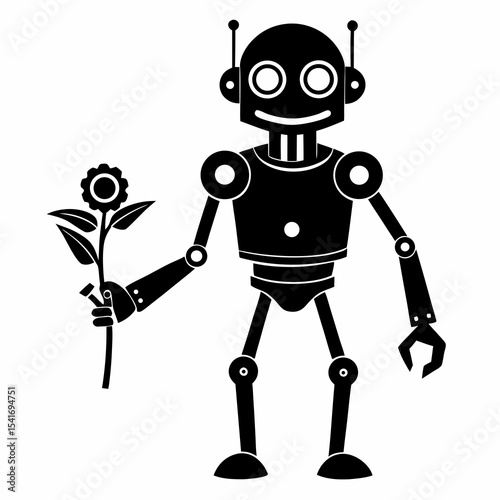 Robot holding a flower gently vector black silhouette on white background