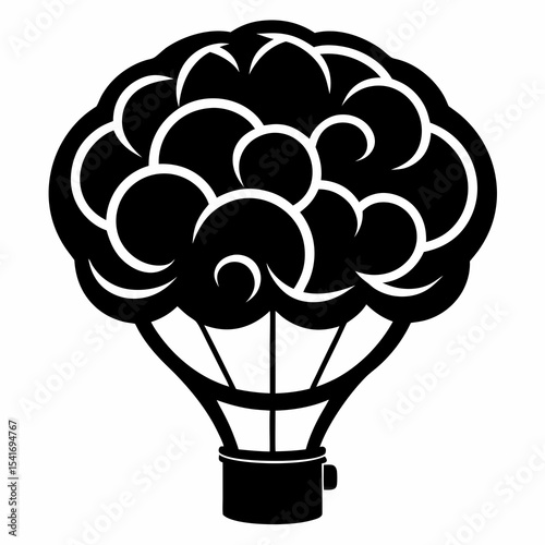 Hot air balloon shaped like a brain vector black silhouette on white background