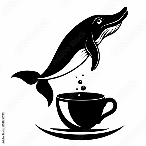 Whale breaching from a cup of tea vector black silhouette on white background