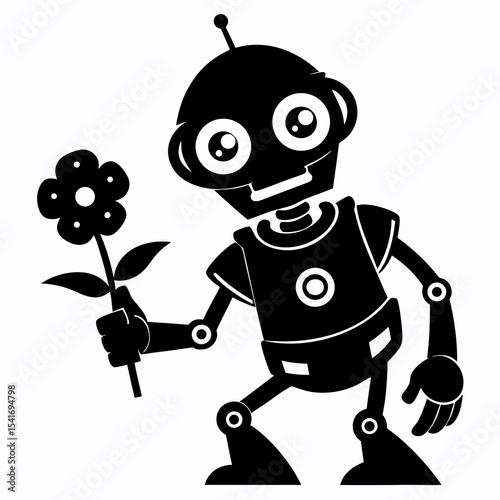 Robot holding a flower gently vector black silhouette on white background
