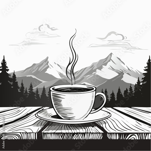A steaming cup of coffee on a wooden table with a mountain range background image vector