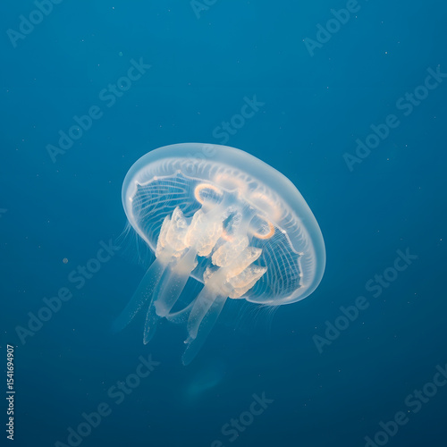 A translucent jellyfish drifts gracefully in deep blue ocean water. photo