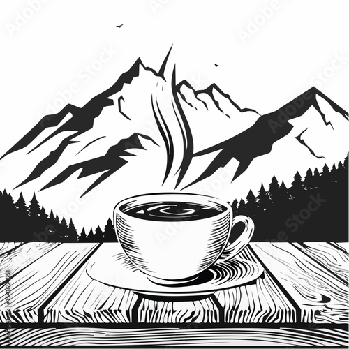 A steaming cup of coffee on a wooden table with a mountain range background image vector