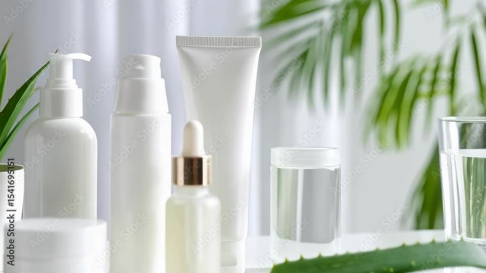Clean minimalist beauty product arrangement featuring white bottles, aloe vera plants, and soft, natural light on a white surface.