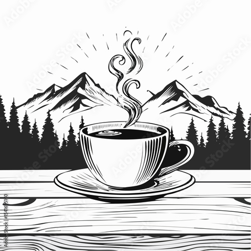 A steaming cup of coffee on a wooden table with a mountain range background image vector