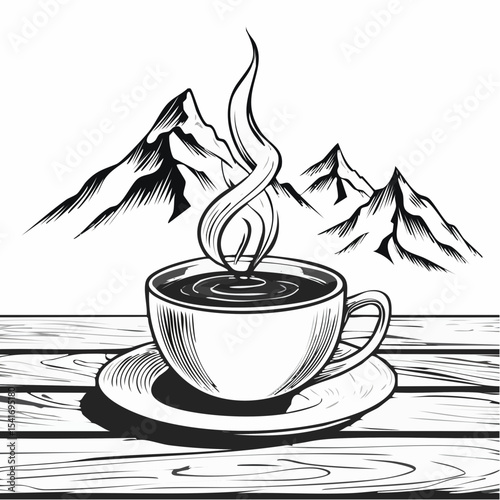 A steaming cup of coffee on a wooden table with a mountain range background image vector