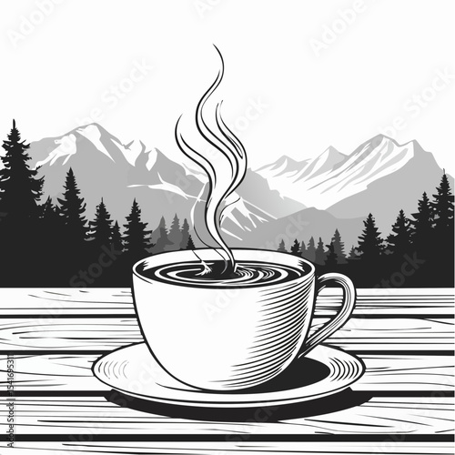 A steaming cup of coffee on a wooden table with a mountain range background image vector