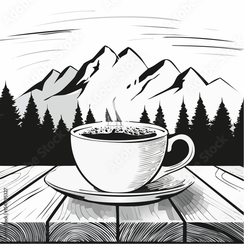 A steaming cup of coffee on a wooden table with a mountain range background image vector