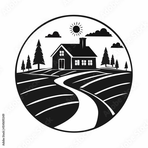 Serene countryside scene with a winding road and rustic farmhouse silhouette vector