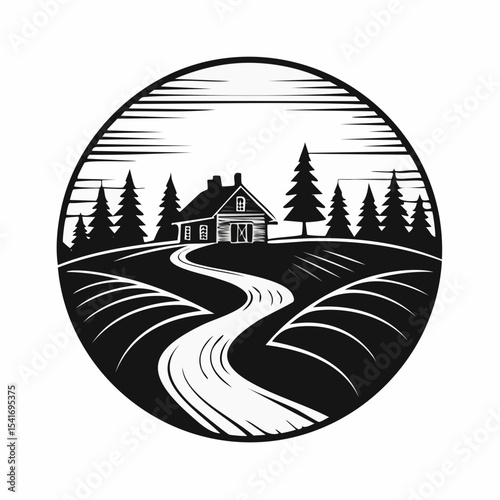 Serene countryside scene with a winding road and rustic farmhouse silhouette vector