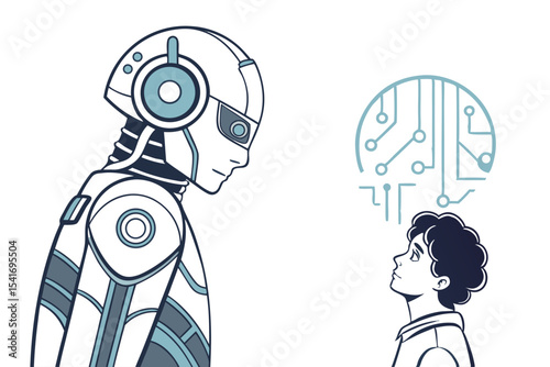 Robot and Child Gazing at Artificial Intelligence Circuitry Symbolizing Technological Connection and Human Robot Interaction in a Minimalist Design
