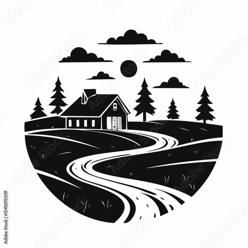 Serene countryside scene with a winding road and rustic farmhouse silhouette vector