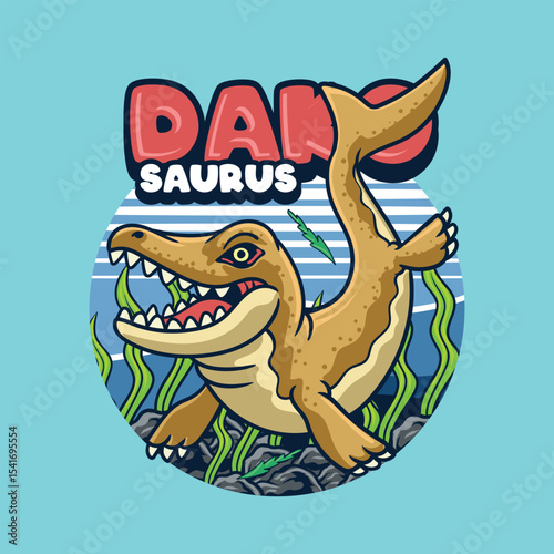 Cute Dakosaurus Dinosaur Aquatic Character Mascot in Cartoon Illustration