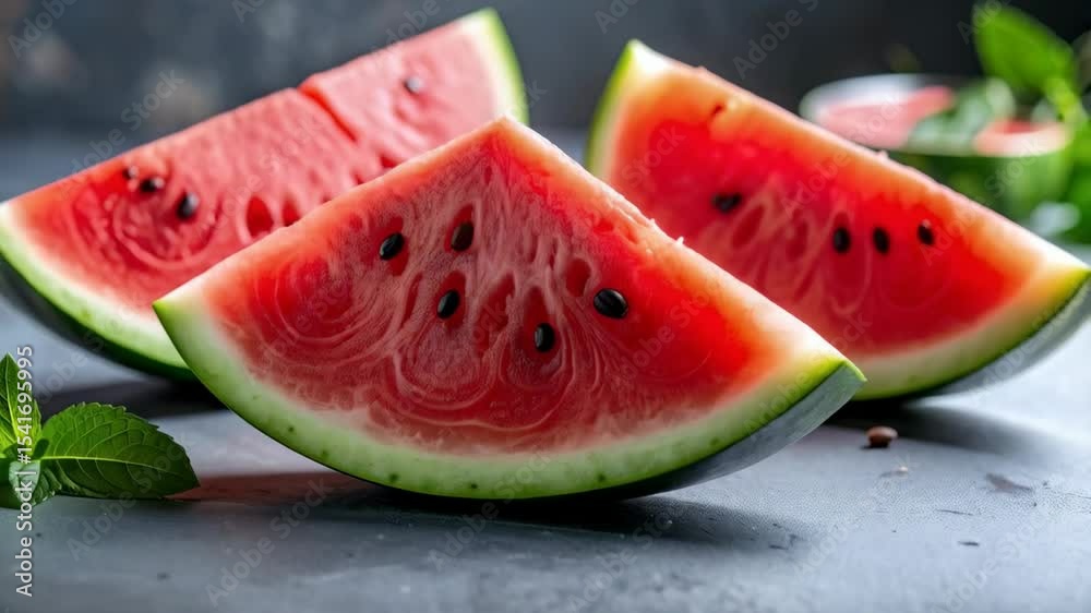 Freshly cut watermelon slices arranged on a dark grey surface, showcasing their vibrant red color, black seeds, and green rind, alongside a sprig of fresh mint. Freshly cut watermelon slices arranged on a dark grey surface, showcasing their vibrant red color, black seeds, and green rind, alongside a sprig of fresh mint.