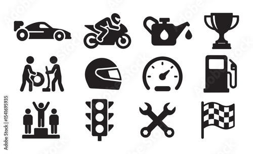 Racing, motorsport and speed Icon set – black silhouette symbols collection. Ideal for motorsport designs, racing events, car repair service graphics. 