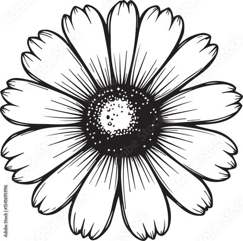 Daisy Bloom's Botanical Beauty: A close-up, monochrome view of a radiant daisy, its delicate petals perfectly framing a captivating central disc, invoking elegance and tranquility.