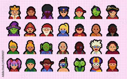 People character set, man, woman pixel art flat style, girl, guy, avatar, social net portrait, profile picture. Design of 80s. Game assets. 8-bit. Isolated vector illustration background.