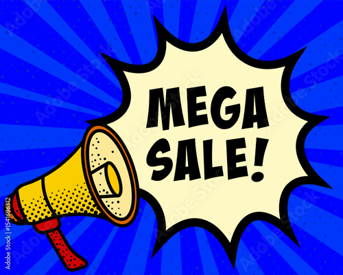 Mega sale announcement speech bubble. Megaphone, speech burst, comic style, bright background, communication element, expression tool, voice projection, information sharing, pop art design.