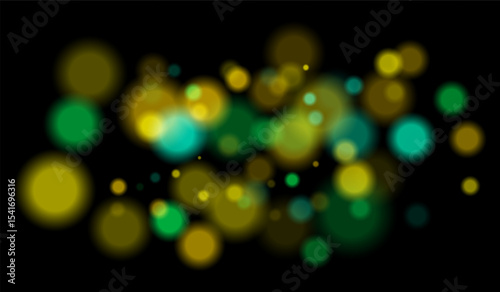 Multicolored blurred bokeh particles with violet, blue, pink hues floating on black background, creating festive or dreamy abstract composition.