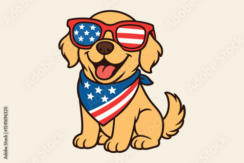 Patriotic golden retriever puppy wearing bandana and sunglasses