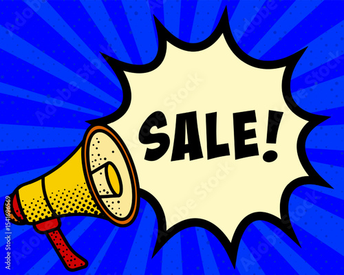 Sale announcement speech bubble. Megaphone, speech burst, comic style, bright background, communication element, expression tool, voice projection, information sharing, pop art design.