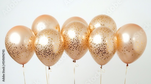 Shiny golden balloons floating with confetti, generating celebratory mood against pristine white backdrop, symbolizing festive jubilation