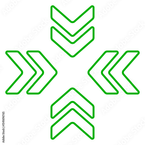 Movement icon. Outlined chevrons arranged outward in cross pattern. Symbolizes expansion, transfer, or directional flow in design interfaces.