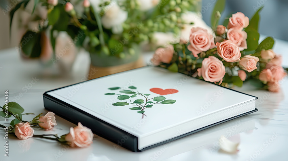 Obraz premium Beautiful photo featuring decorative album with heart design, surrounded by soft pink roses and greenery, creating romantic atmosphere