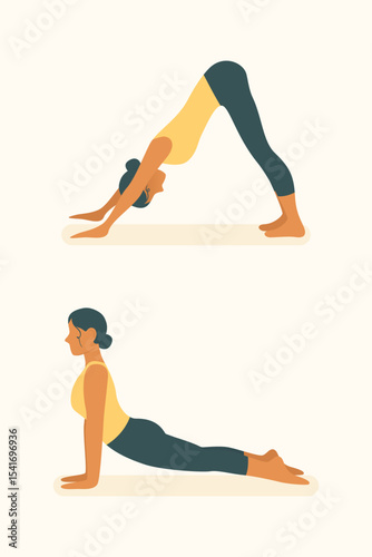 Woman transitioning between downward and upward dog poses, improving spine mobility and strength through yoga and pilates flow