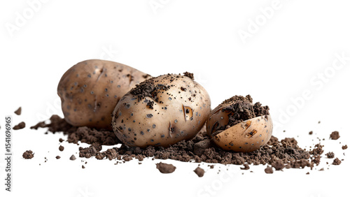 Three earthy potatoes with soil, symbolizing growth and connection to nature in human psychology, isolated on white, transparent background