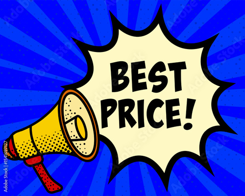 Best price announcement speech bubble. Megaphone, speech burst, comic style, bright background, communication element, expression tool, voice projection, information sharing, pop art design.