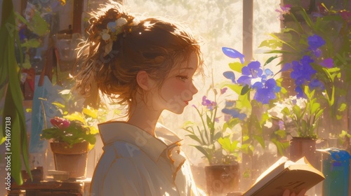 A serene moment of a person reading amidst vibrant flowers in a sunlit room