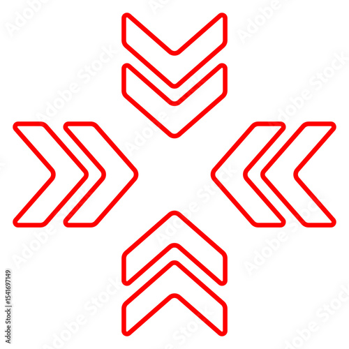 Movement icon. Outlined chevrons arranged outward in cross pattern. Symbolizes expansion, transfer, or directional flow in design interfaces.