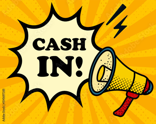 Cash in speech bubble. Megaphone, lightning, speech burst, sound lines, pop art style, loudspeaker, public speaking, yellow background, expression, voice, alert, broadcast