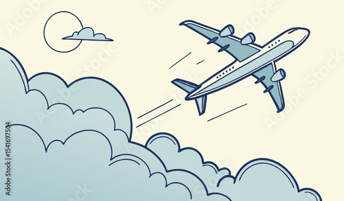 Illustration of airplane flying over clouds   