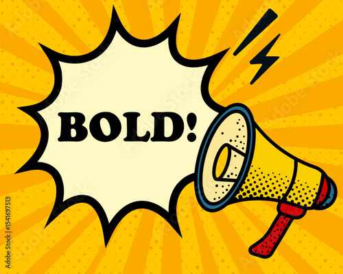 Bold speech bubble. Megaphone, lightning, speech burst, sound lines, pop art style, loudspeaker, public speaking, yellow background, expression, voice, alert, broadcast