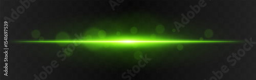 Light burst. Green horizontal glow with radial flare and soft particles on dark transparent background, suitable for tech or sci-fi visuals.